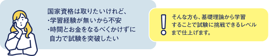 国家資格は取りたいけれど、・学習経験が無いから不安・時間とお金をなるべくかけずに自力で試験を突破したい!そんな方も、基礎理論から学習することで試験に挑戦できるレベルまで仕上げます。