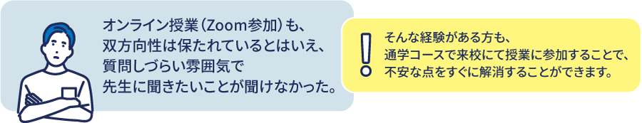 オンライン授業（Zoom参加）も、双方向性は保たれているとはいえ、質問しづらい雰囲気で先生に聞きたいことが聞けなかった。そんな経験がある方も、通常コースで気軽に行員に声をかけることで、不安な点をすぐに解消することができます。