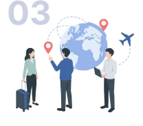 地球儀と飛行機、人物のイラスト（03 幅広い海外就職実績）