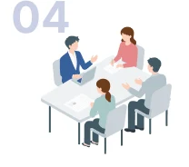 会議テーブルを囲む人物のイラスト（04 幅広い目的に対応）