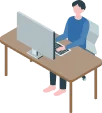 自宅のデスクでPCに向かう人物のイラスト
