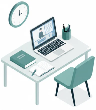 デスクのノートPCと時計のイラスト
