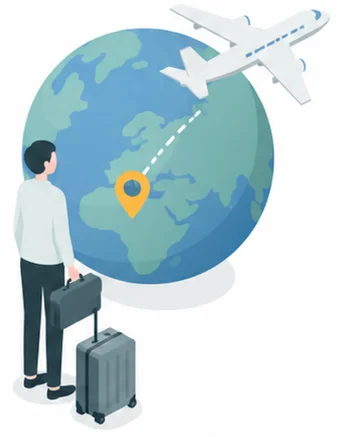 地球儀と飛行機、旅立つ人物のイラスト